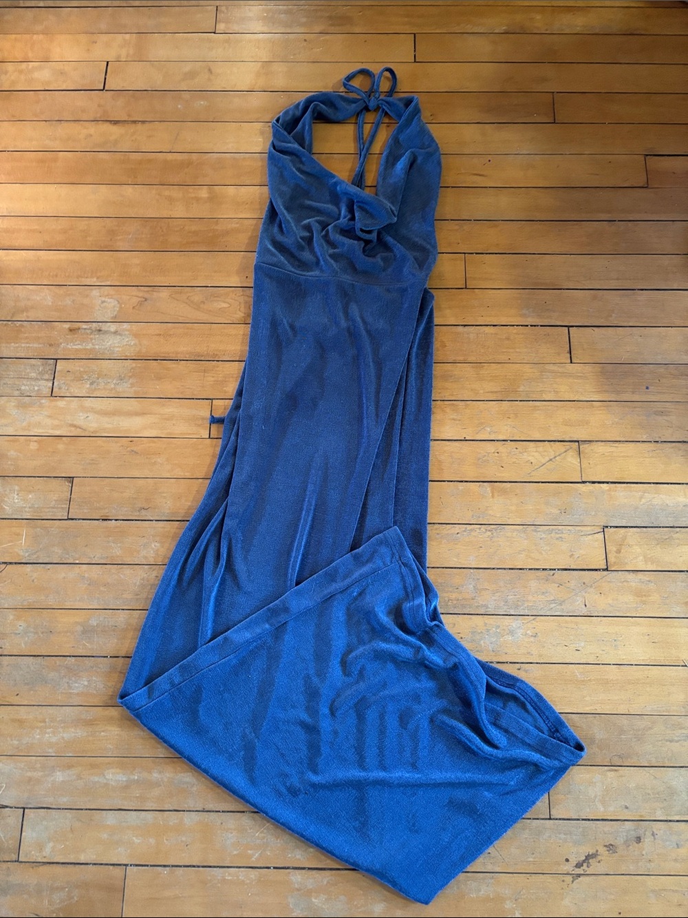 RUC Blue Shimmer Halter Cowl Neck Maxi Dress